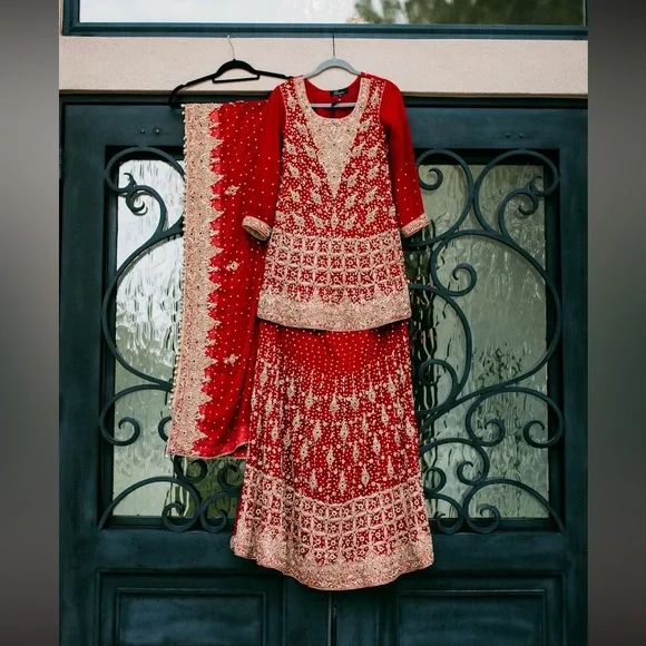 Red Sharara Wedding Outfit With Gold And Green Detailing. Good Condition | Color: Gold/Red | Size: S | Faizaliciouss's Closet Red Sharara Wedding Outfit With Gold And Green Detailing. Good Condition | Color: Gold/Red | Size: S | Faizaliciouss's Closet